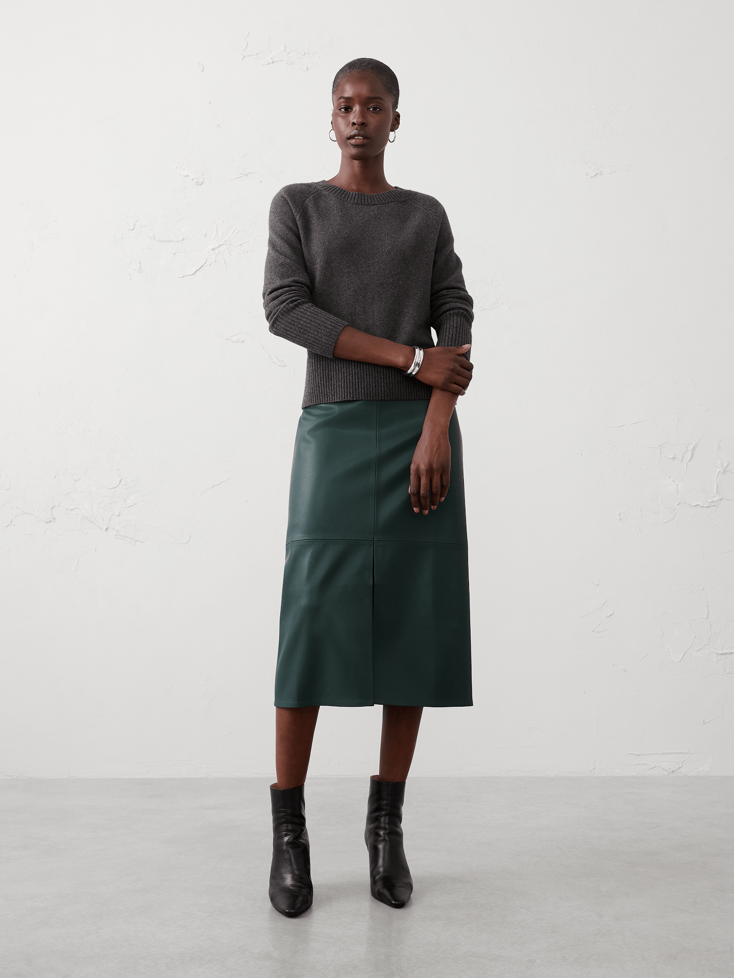 Image number 1 showing, Vegan Leather Seamed Midi Skirt