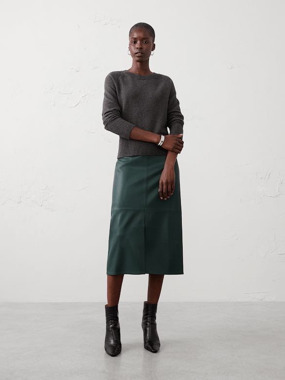 Vegan Leather Seamed Midi Skirt