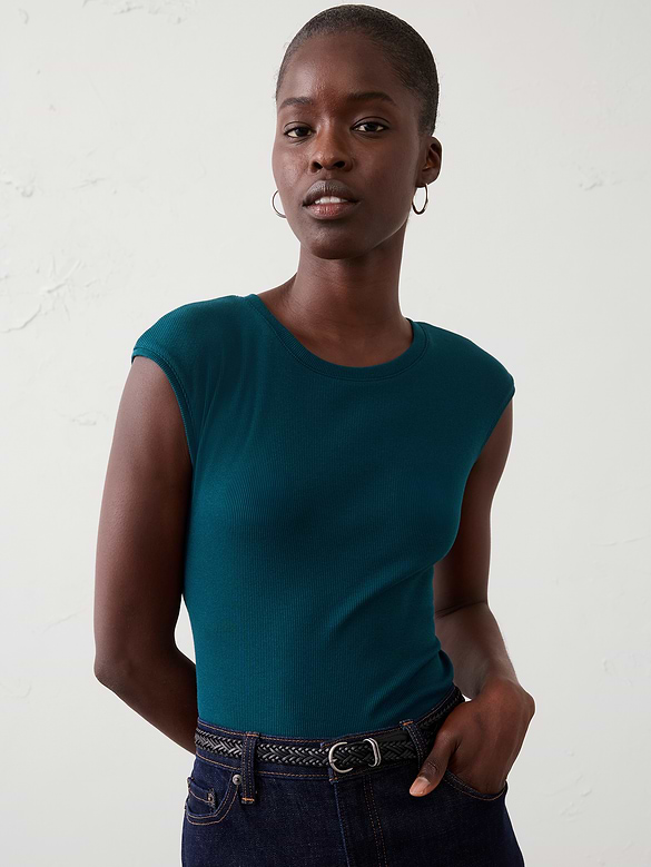 Ribbed Cap-Sleeve T-Shirt