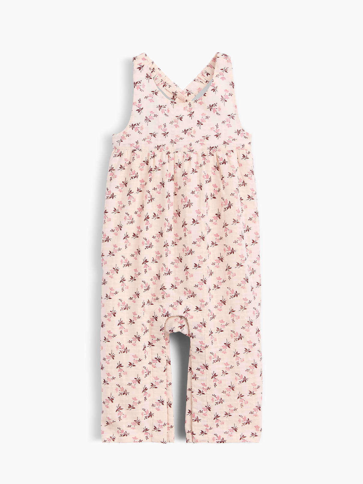 Image 1 of 3, Soft windowpane cotton baby overalls., Round neck, cross back., Elasticized back straps., Shirring at front waist seam., Elasticized back seam., Tiered ruffles at back., Snaps at inseam for easy dressing and diapering., Allover floral print., Fully lined., Product #913669