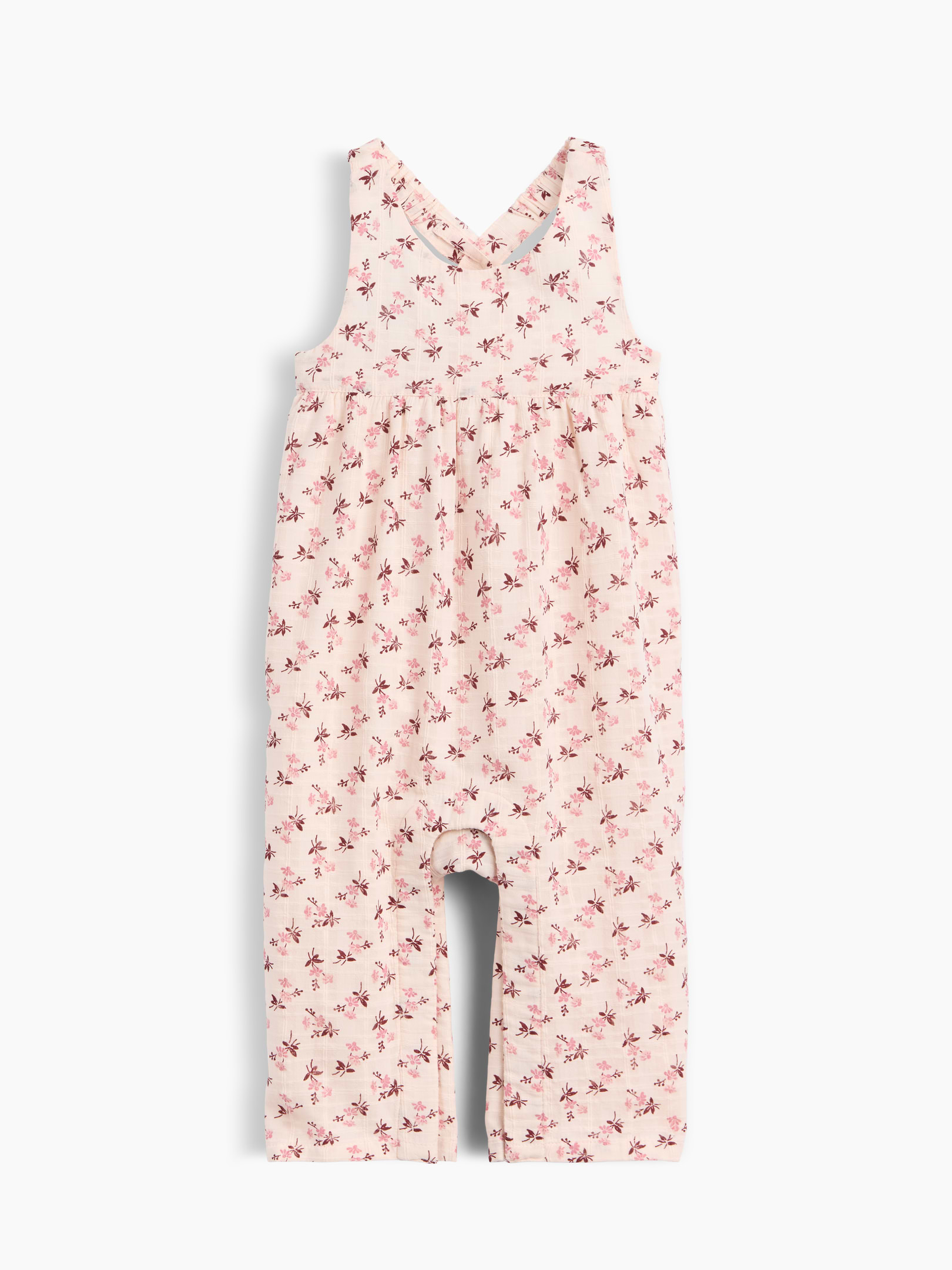 Image 1 of 3, Soft windowpane cotton baby overalls., Round neck, cross back., Elasticized back straps., Shirring at front waist seam., Elasticized back seam., Tiered ruffles at back., Snaps at inseam for easy dressing and diapering., Allover floral print., Fully lined., Product #913669