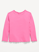 Image number 1 showing, Fitted Long-Sleeve Ribbed Lettuce-Edge T-Shirt for Toddler Girls