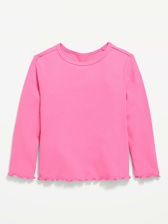 Fitted Long-Sleeve Ribbed Lettuce-Edge T-Shirt for Toddler Girls