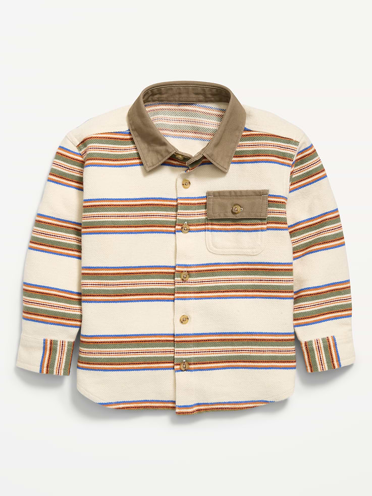 Image 1 of 2, pointed spread collar, long sleeves, buttoned cuffs, utility flap buttoned pocket at chest, full length button front, all-over pattern, Product #908527