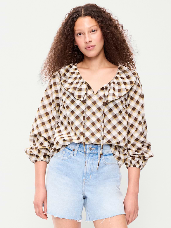 Long-Sleeve Ruffle Tie-Neck Top