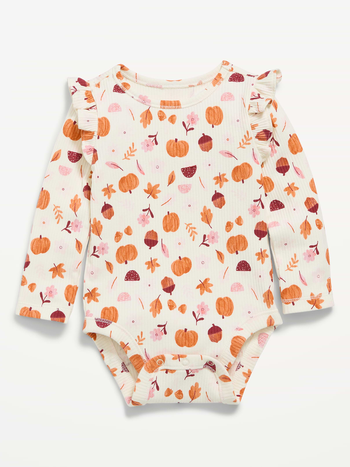 Image number 1 showing, Printed Long-Sleeve Ruffled Ribbed Bodysuit for Baby