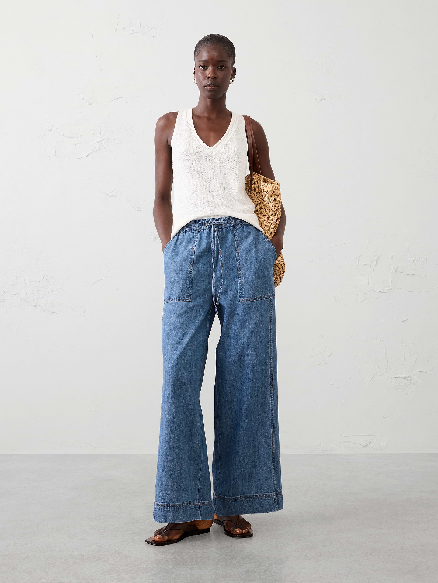 Image number 1 showing, Wide-Leg Mid-Rise Pull-On Utility Jean