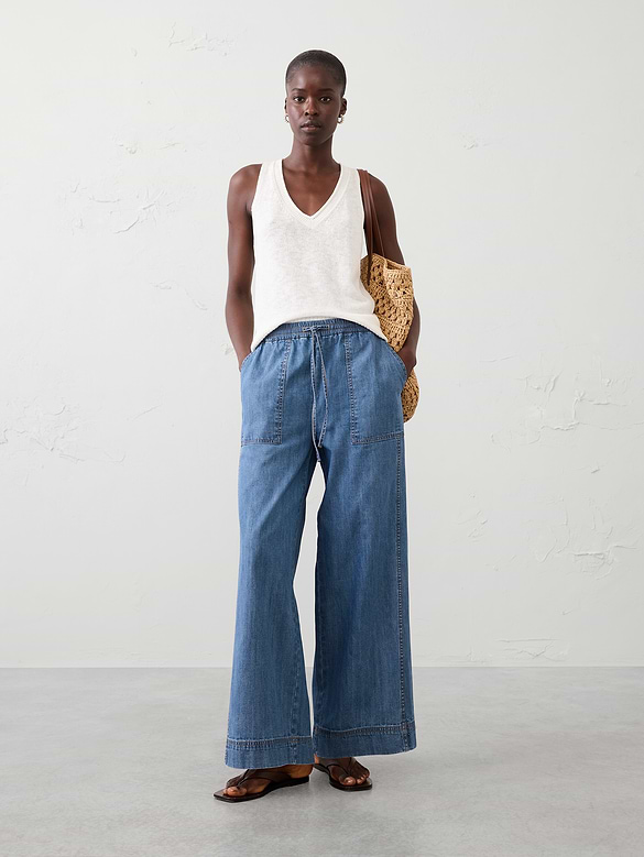 Wide-Leg Mid-Rise Pull-On Utility Jean