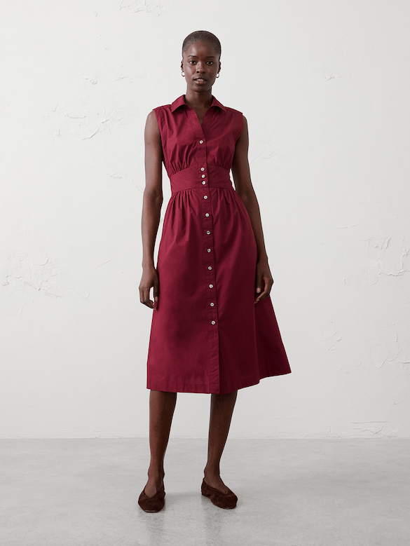 Poplin Collared Button-Down Midi Dress