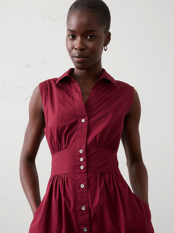 Poplin Collared Button-Down Midi Dress
