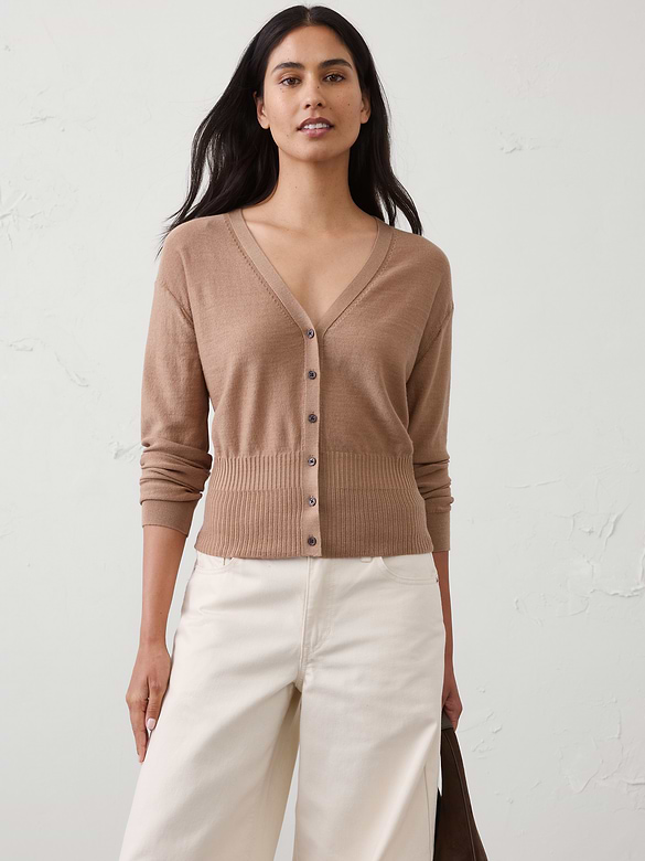 Merino Wool V-Neck Cropped Cardigan Sweater