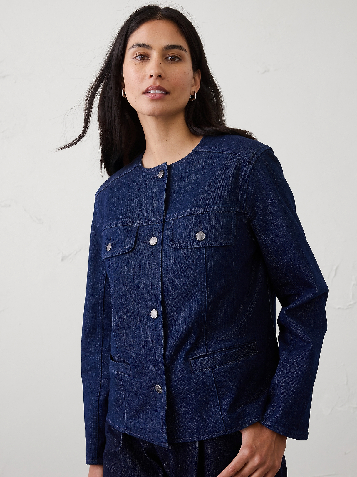 新品デニムジャケットMANY PATCHED COLLARLESS JACKET Denim Collarless Jacket | Banana Republic Factory