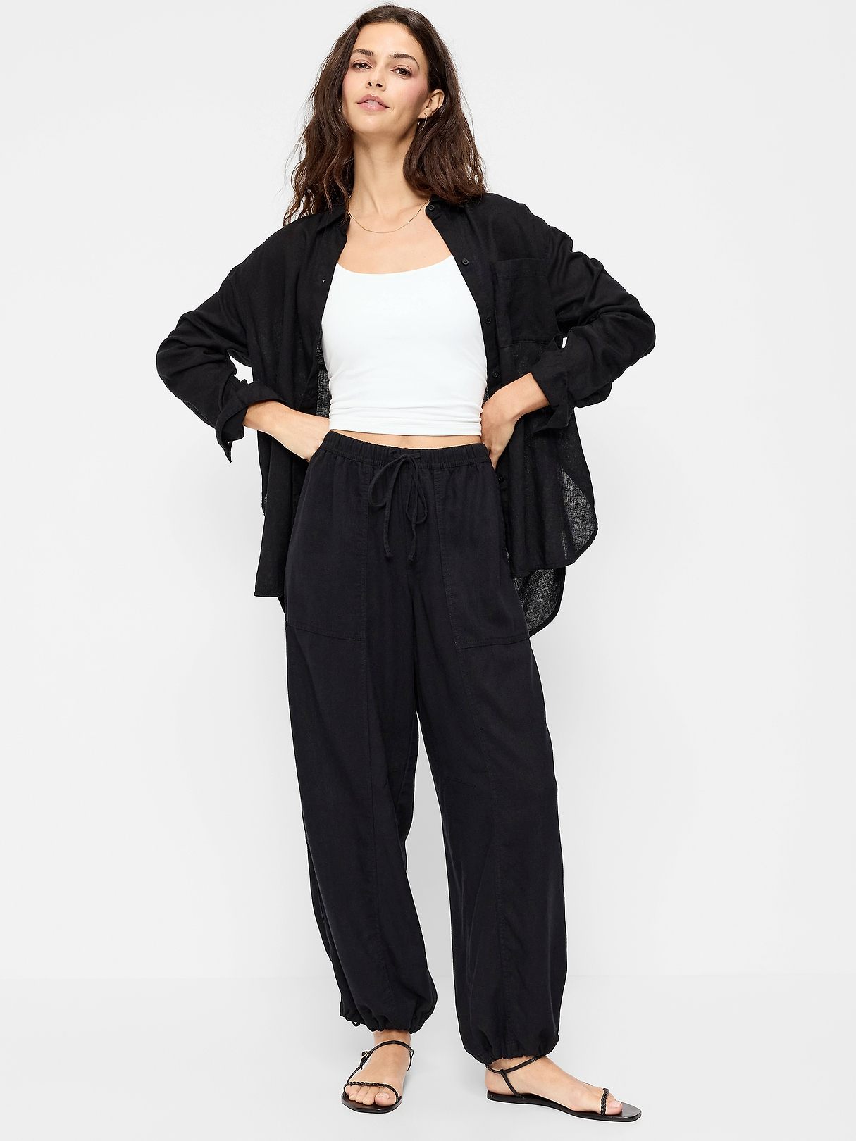 Mid-Rise Linen-Blend Cinched-Ankle Pants | Old Navy