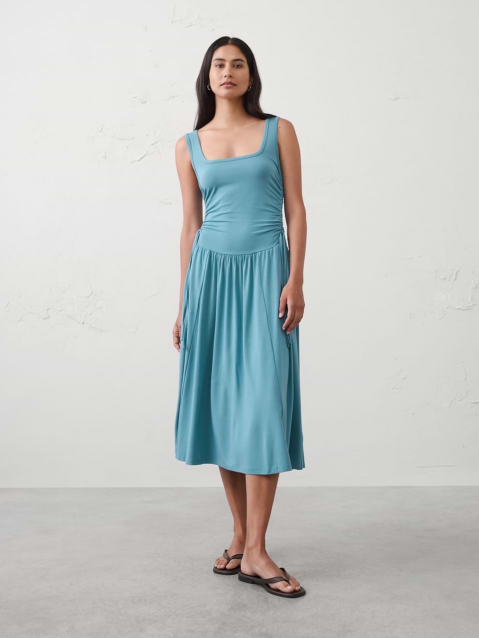 side shirred knit midi dress Shirred-Waist Aurelia Ribbed Knit