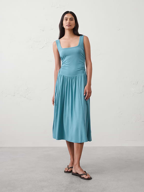 Knit Shirred-Waist Midi Dress