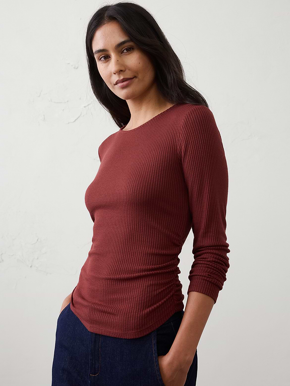 Soft Luxe Ribbed Shirred-Waist Top