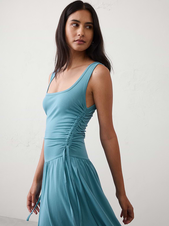 Knit Shirred-Waist Midi Dress