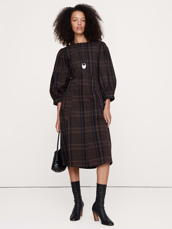Robe mi-longue à manches bouffantes en popeline de coton