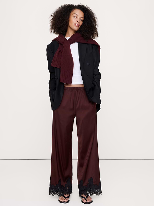 Pantalon à taille élastique en satin extensible avec bordure en dentelle