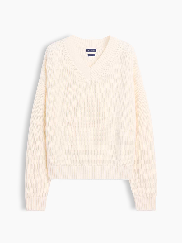100% Cotton Oversized Shaker V-Neck Sweater