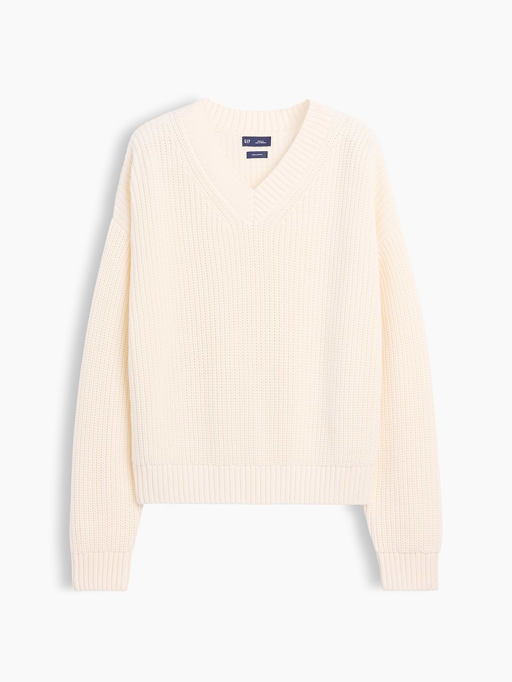 Image number 6 showing, 100% Cotton Oversized Shaker V-Neck Sweater