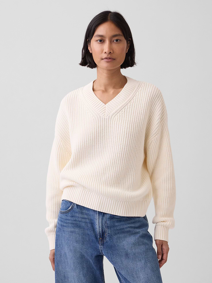 Image number 1 showing, 100% Cotton Oversized Shaker V-Neck Sweater