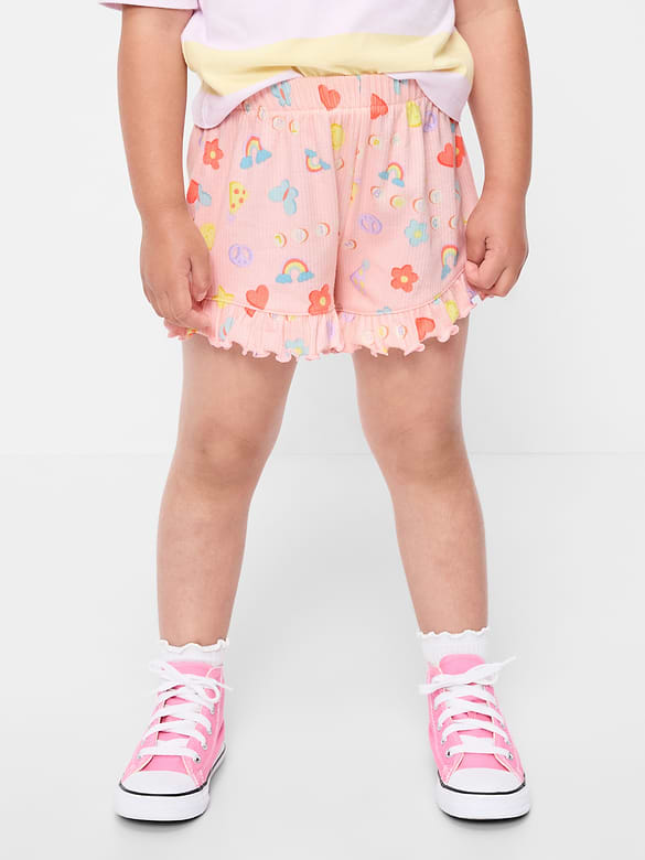 Printed Ribbed Ruffled Shorts for Toddler Girls