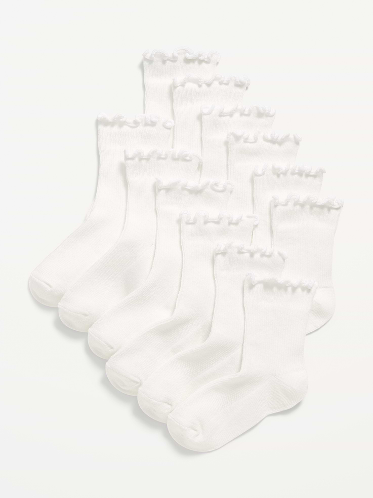 Image 1 of 2, pack includes 6 pairs of crew socks, elasticized openings, ruffled lettuce-edged cuffs, notched seams at toe and heel, Product #907740