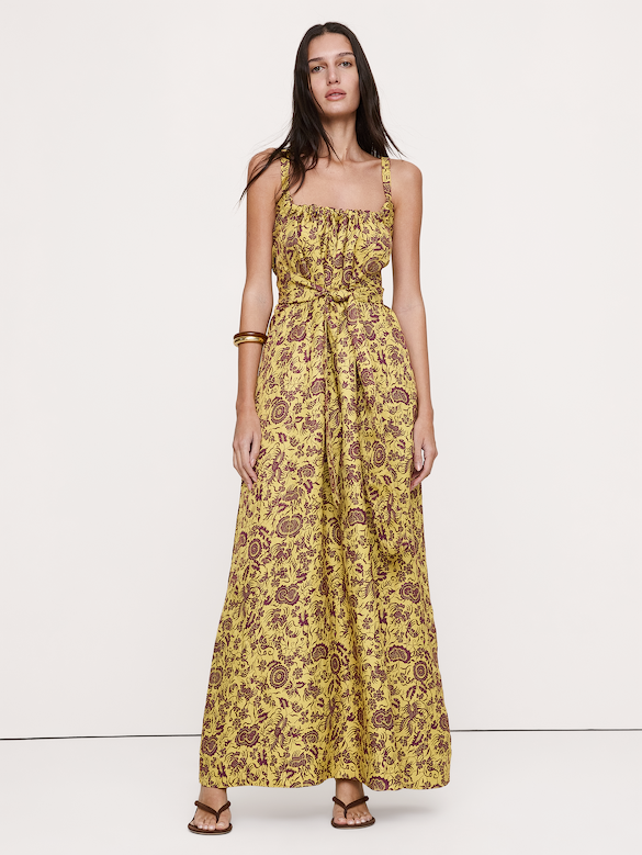 Viscose-Linen Gathered Maxi Dress