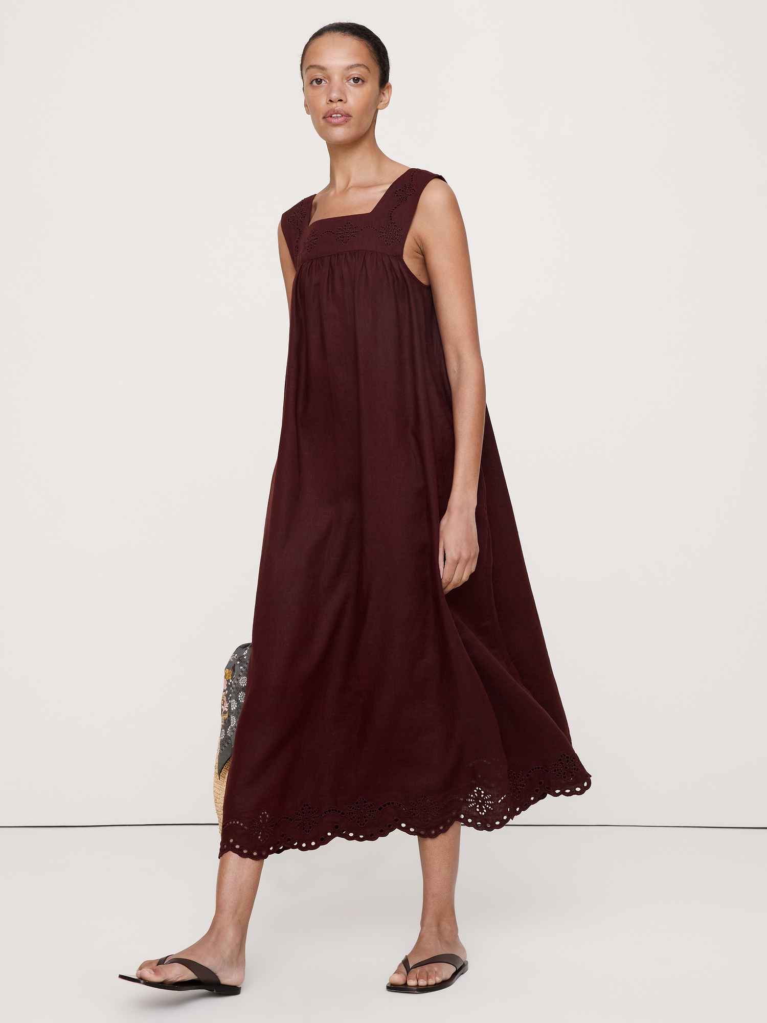 Banana Republic Embroidered Linen Square-Neck Dress INTERNATIONAL SHIPPING