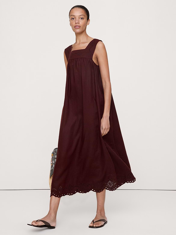 Embroidered Linen Square-Neck Dress