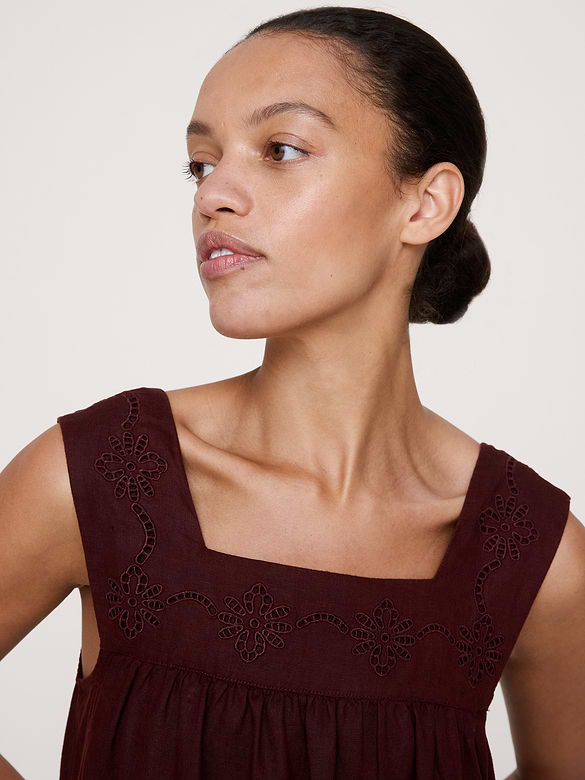 Embroidered Linen Square-Neck Dress