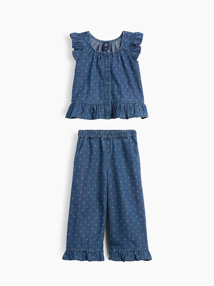 Image number 1 showing, Baby & Toddler Denim Dot Ruffle Outfit Set