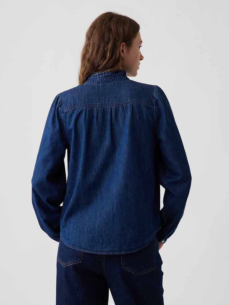 L'image numéro 3 présente Chemisier à enfiler en denim à col écharpe