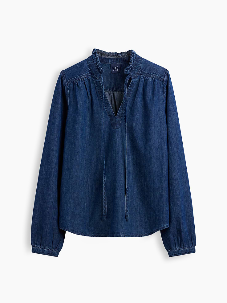 L'image numéro 5 présente Chemisier à enfiler en denim à col écharpe
