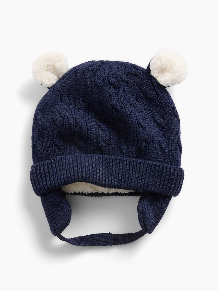 Image number 1 showing, Baby Sherpa-Lined Cable-Knit Bear Beanie
