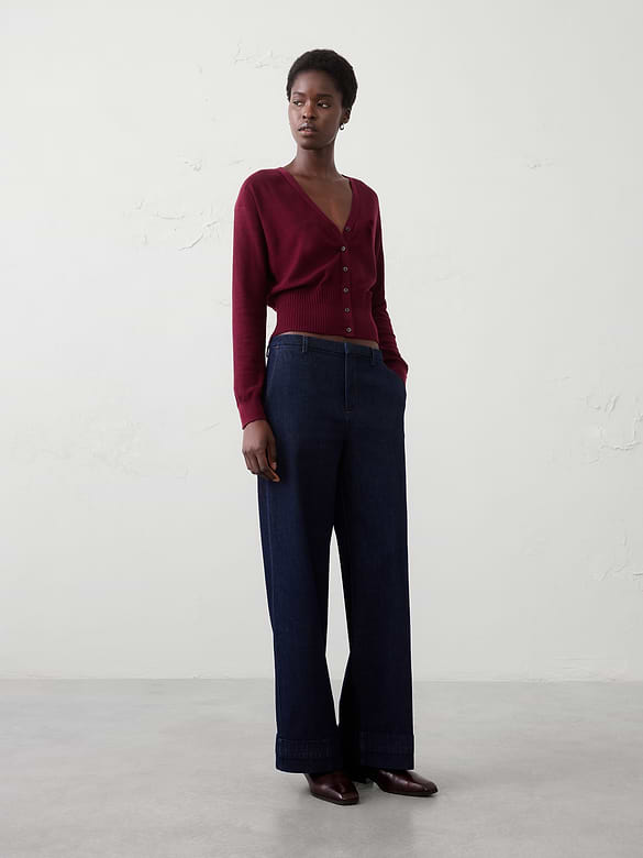 Merino Wool V-Neck Cropped Cardigan Sweater