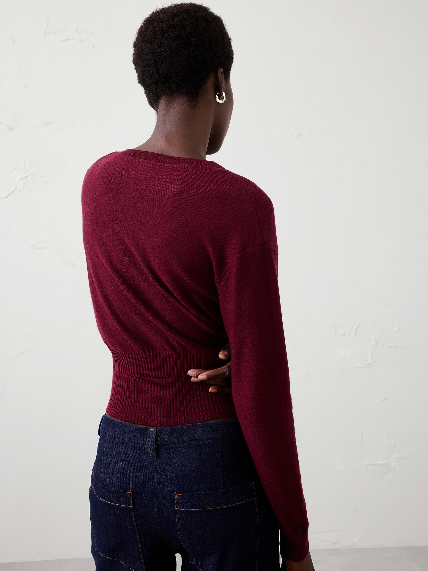Image 2 of 4, Merino Wool V-Neck Cropped Cardigan Sweater