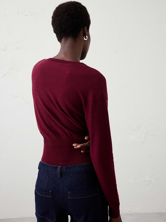 Merino Wool V-Neck Cropped Cardigan Sweater