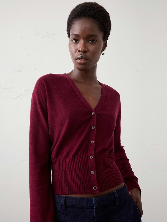 Merino Wool V-Neck Cropped Cardigan Sweater