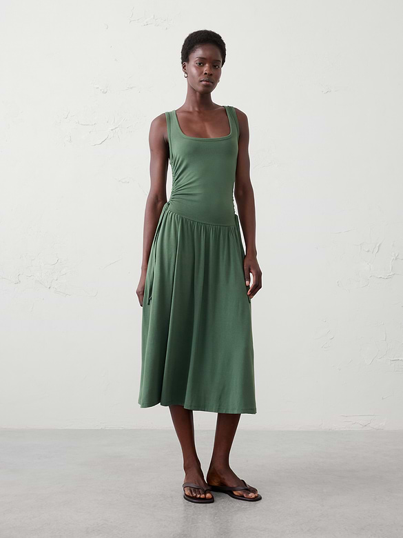 Knit Shirred-Waist Midi Dress