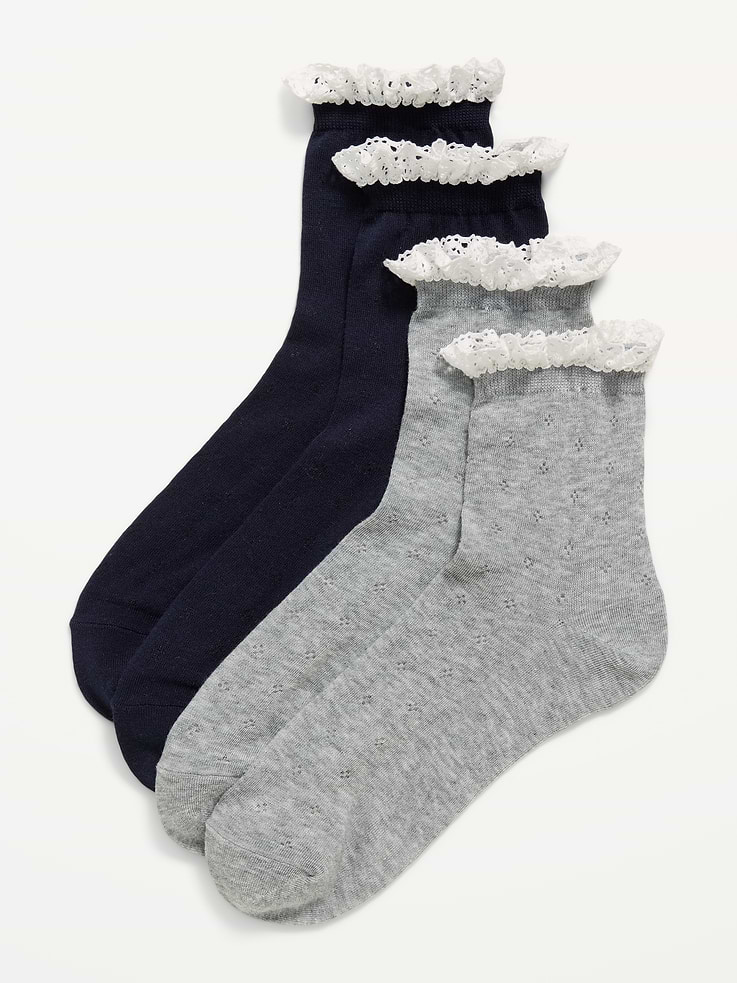 Image 1 of 2, includes 2 pairs of socks for women, lace-trimmed openings, notched toe seams, Product #911002