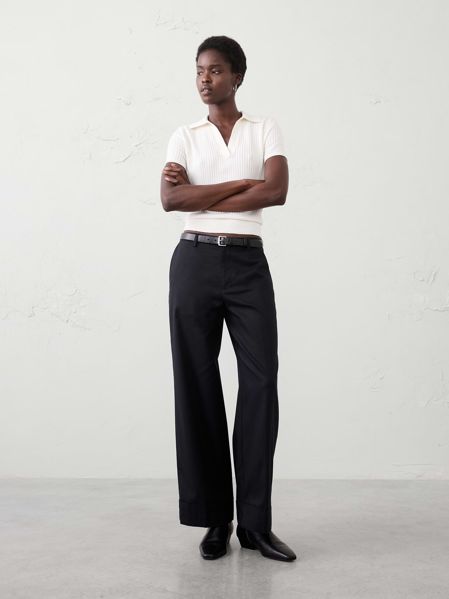 Image number 1 showing, Wide-Leg Mid-Rise Drapey Twill Cuffed Pant