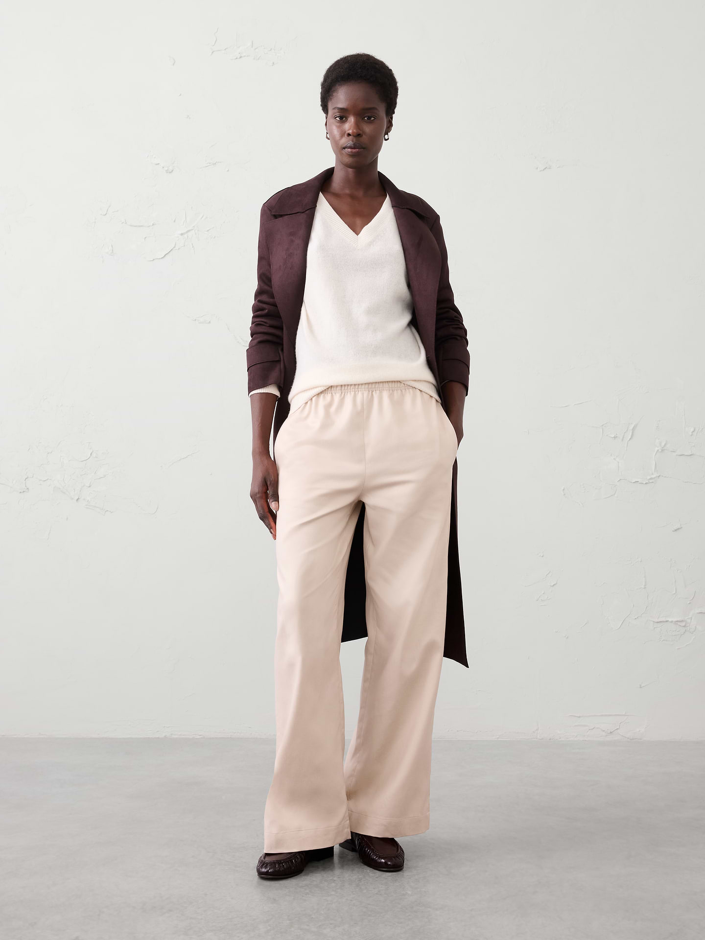 Image number 1 showing, Wide-Leg High-Rise Drapey Twill Pull-On Pant