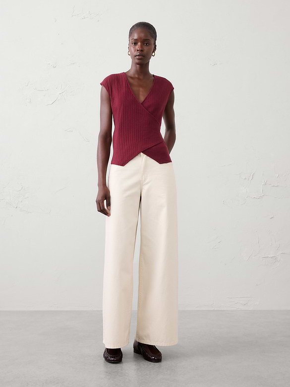 Pointelle Ribbed Wrap-Front Top
