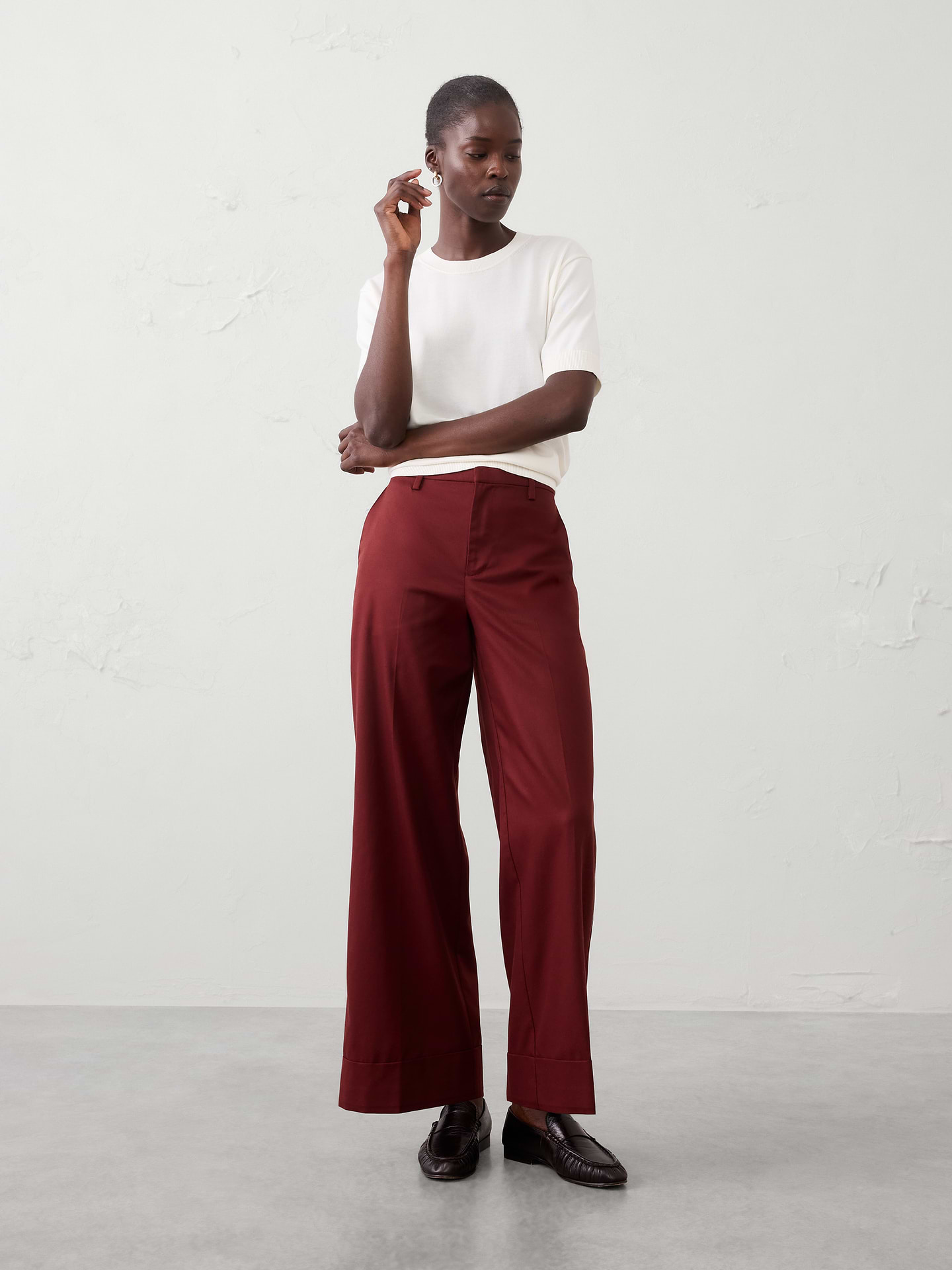 Image number 1 showing, Wide-Leg Mid-Rise Drapey Twill Cuffed Pant