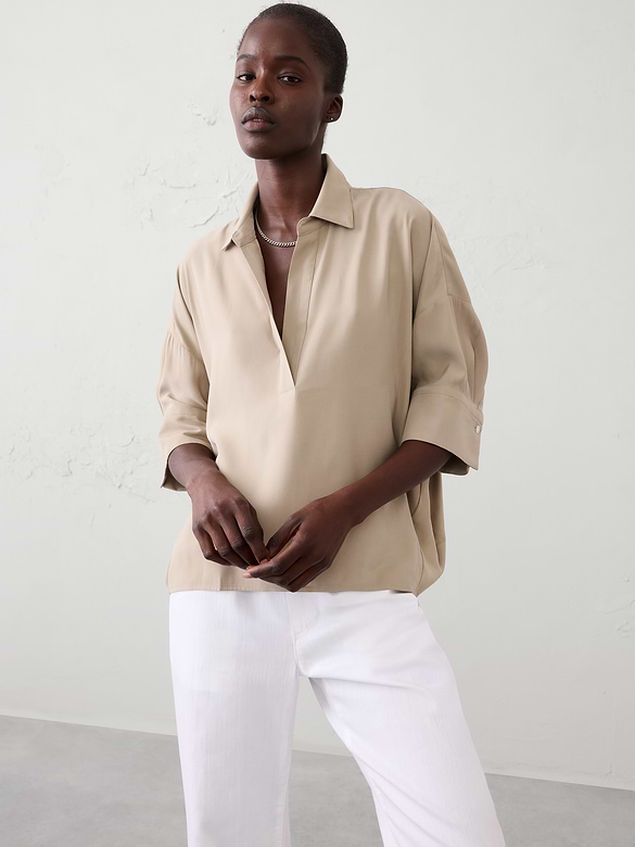 Drapey Twill Collared Popover Top