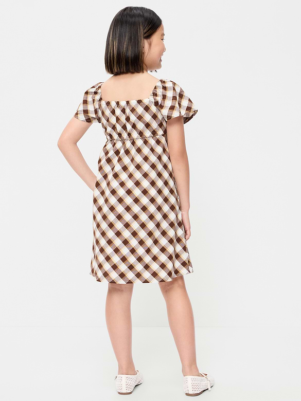 Short Flutter-Sleeve Crinkled Plaid Dress for Girls