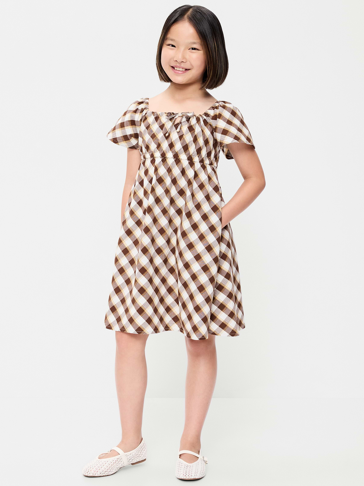 Image number 1 showing, Short Flutter-Sleeve Crinkled Plaid Dress for Girls