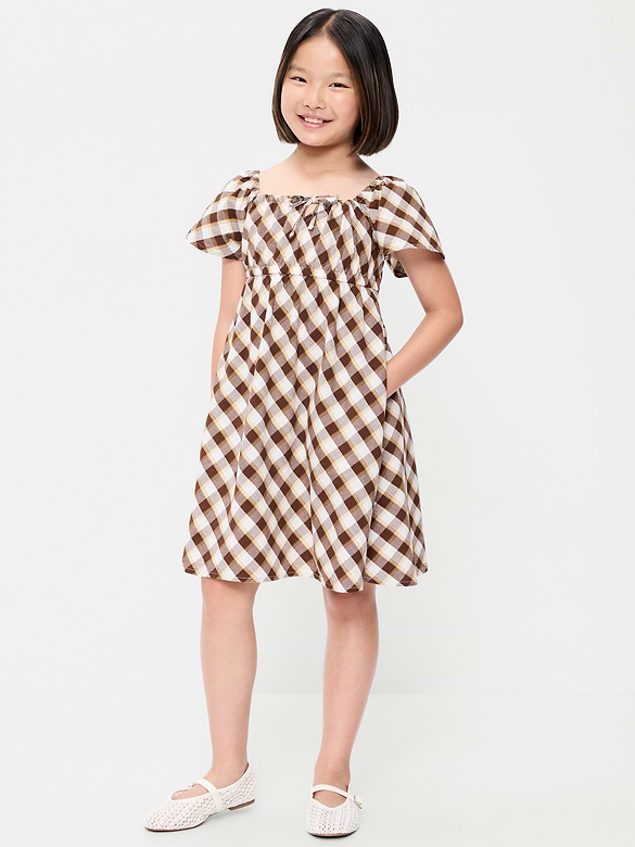 Short Flutter-Sleeve Crinkled Plaid Dress for Girls